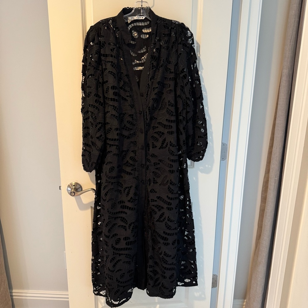 Zara Cotton Embroidery Hollow Out Women's Midi Black Dress | M - Picture 2 of 9